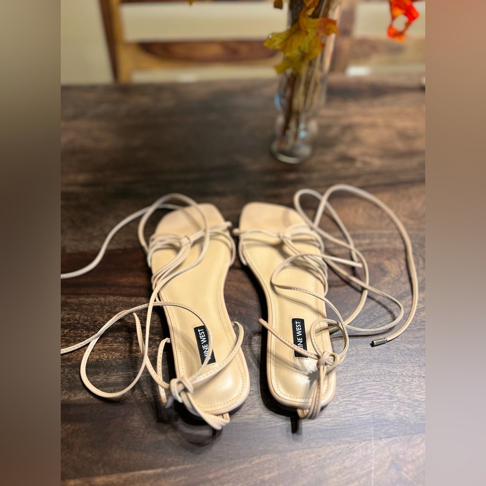 Nine West Woman’s Minus Ankle Wrap Flat Sandal, Size 8, Nude Sandal